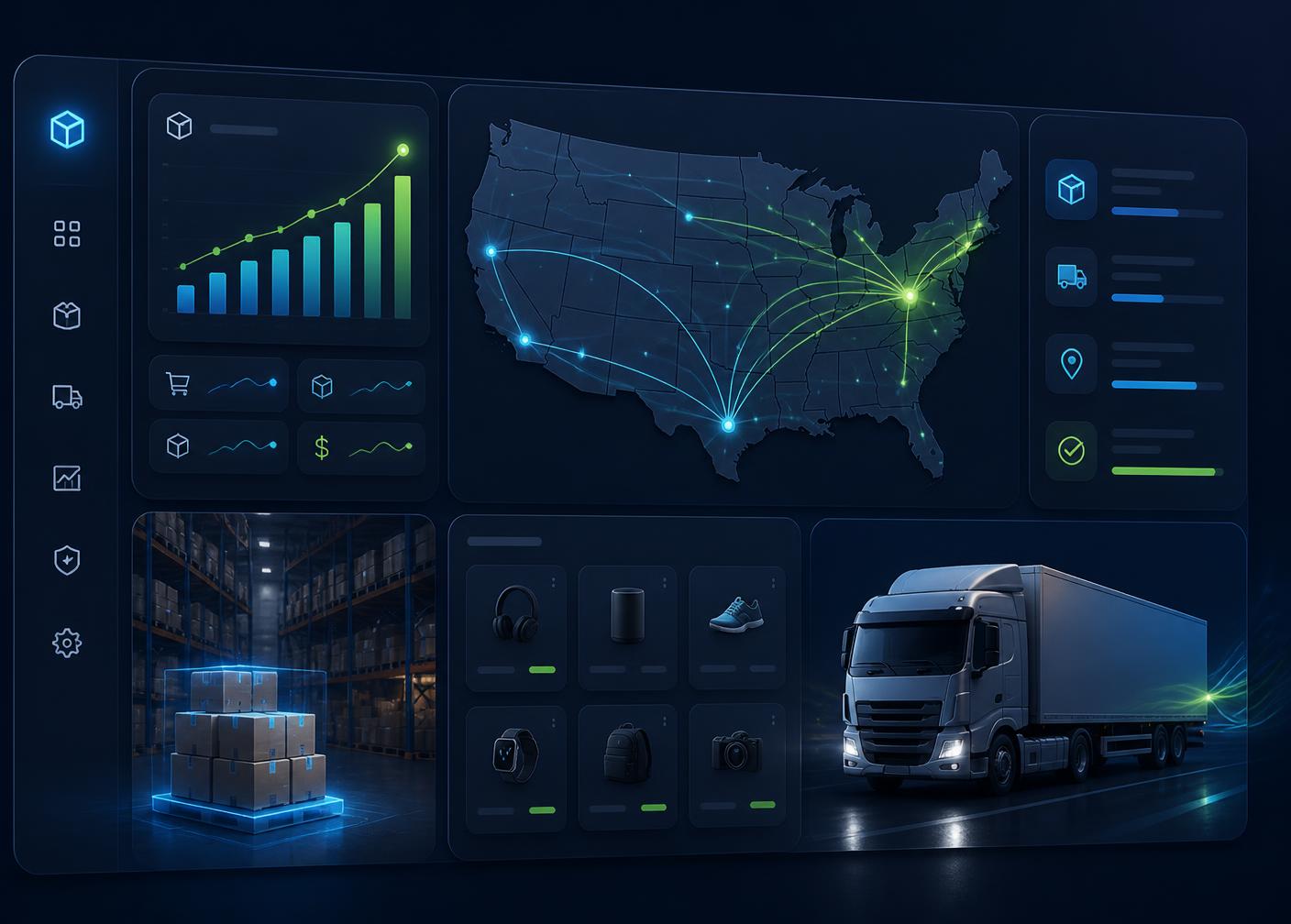 Tokra BD warehouse dashboard showing US shipping routes, live order analytics, and same-day fulfillment