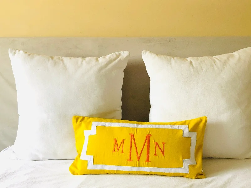 Yellow Monogrammed Lumbar Pillow, Yellow Decorative Throw Pillows, Long Yellow Lumbar Pillow Cover