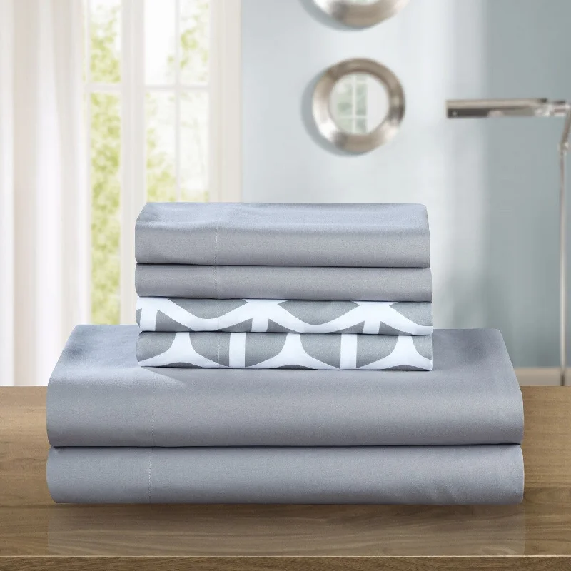 Chic Home Solid Grey with Davitt Grey Print 6pc Sheet Set