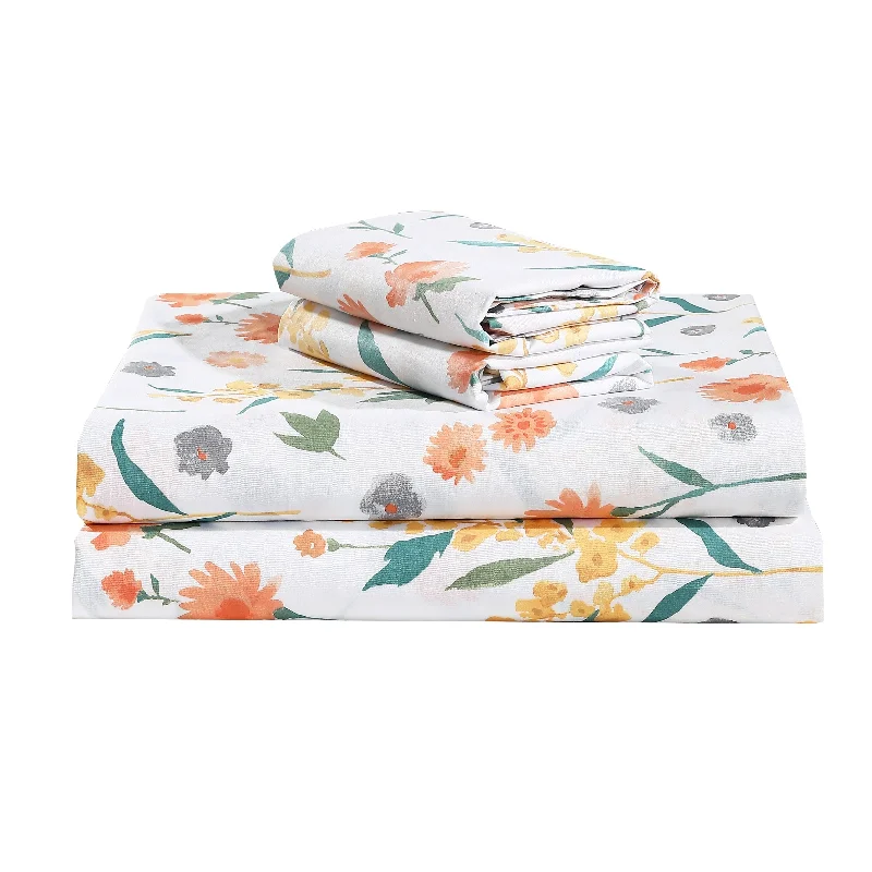 Estella Orange White Floral 100% Cotton Sheet set with pillowcase