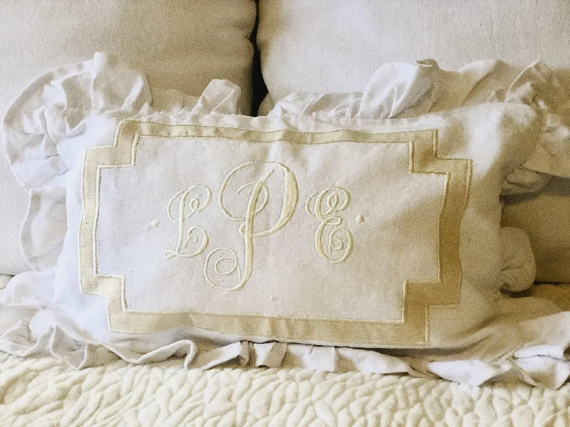 Vintage White Lumbar Ruffle Pillow Covers, Ruffle Lumbar Monogram Throw Pillow Covers