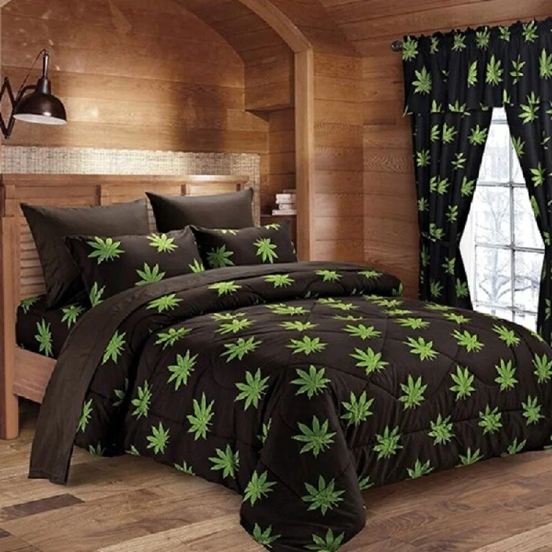 6 Piece 420 Herb Bud Pot Weed Leaf Microfiber Full Bed Sheets Black