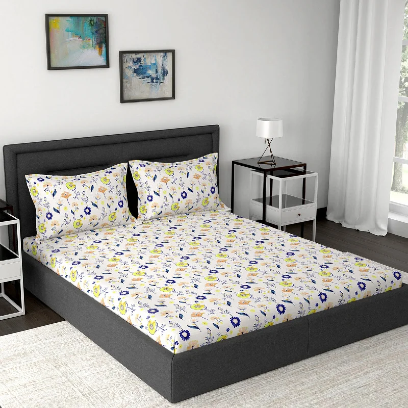 Modern Sanctuary Savion Printed 144 TC 100% Cotton Yellow Bed Sheet