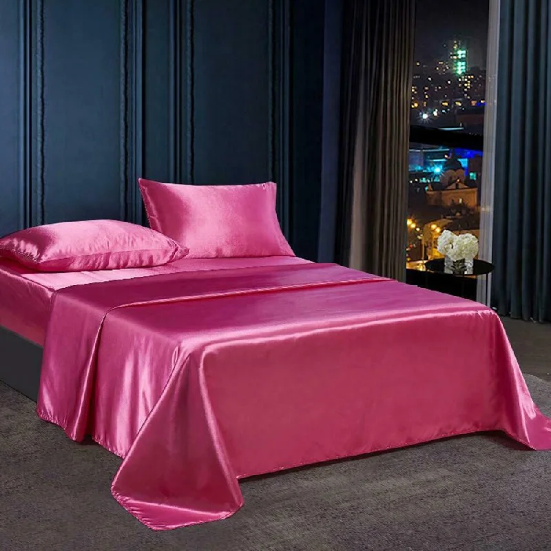 4 PC Satin Silky Soft Bed Sheet Set Queen Fitted Pillow Cases Pink