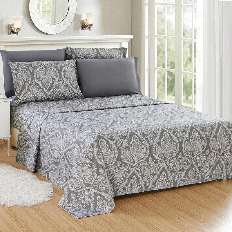 Luxury 6 Piece Bed Sheet Set 1800 Count Paisley Full Gray