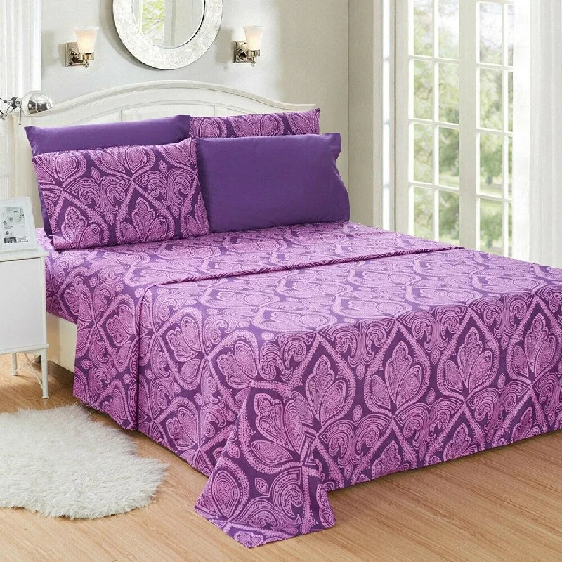 Luxury 6 Piece Bed Sheet Set 1800 Count Paisley Twin Purple