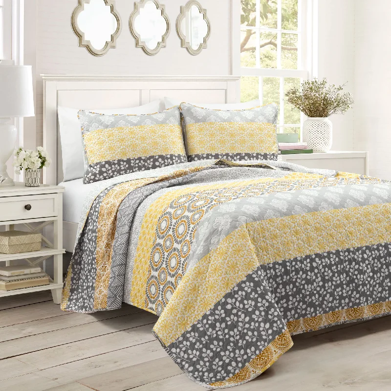 Bohemian Stripe Reversible Oversized Cotton Quilt Yellow/Gray 3Pc Set King