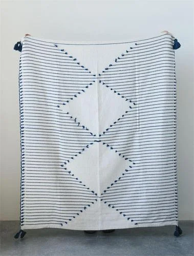 Acrylic blankets for a soft and affordable alternativeCotton Woven Throw w/ Tassels in Navy & Cream