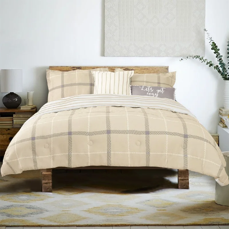 Farmhouse Living Brand Plaid 5 Piece Cotton Comforter Set - 1 Comforter, 2 Shams, 2 Accent Pillows, three color choices