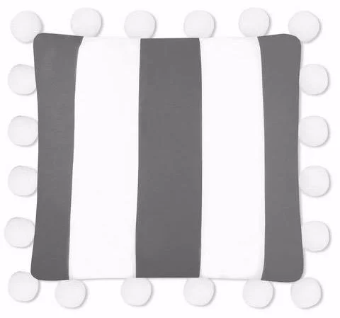 Happy Pom Pillow - Gray and White Stripe