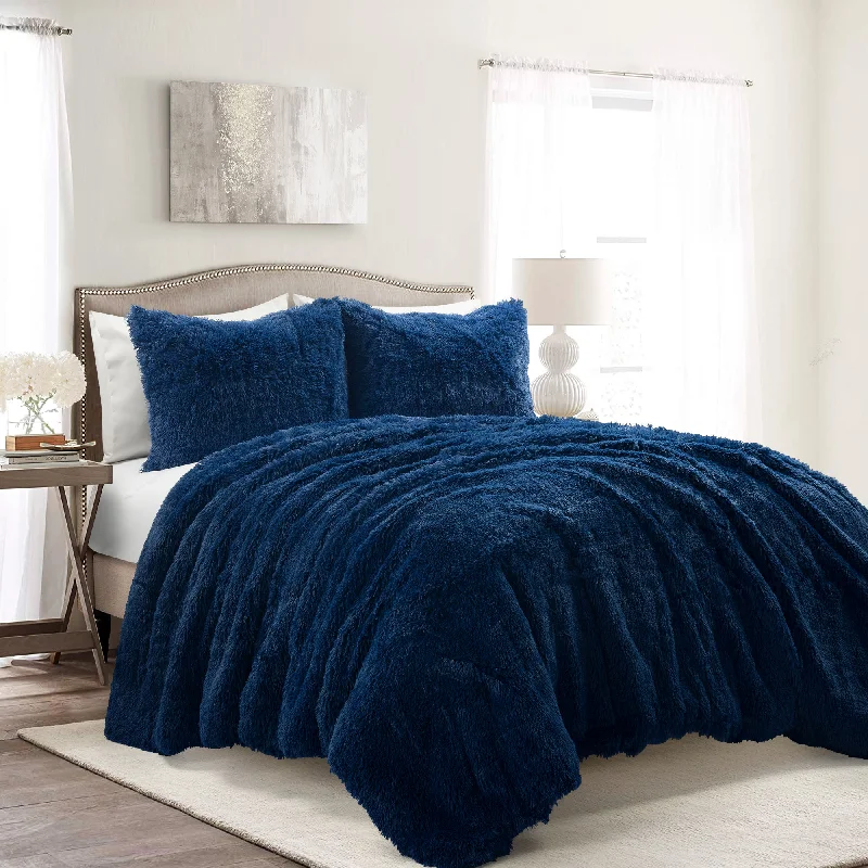 Lush Décor Emma Faux Fur Oversized Comforter Navy 3Pc Set Full/Queen