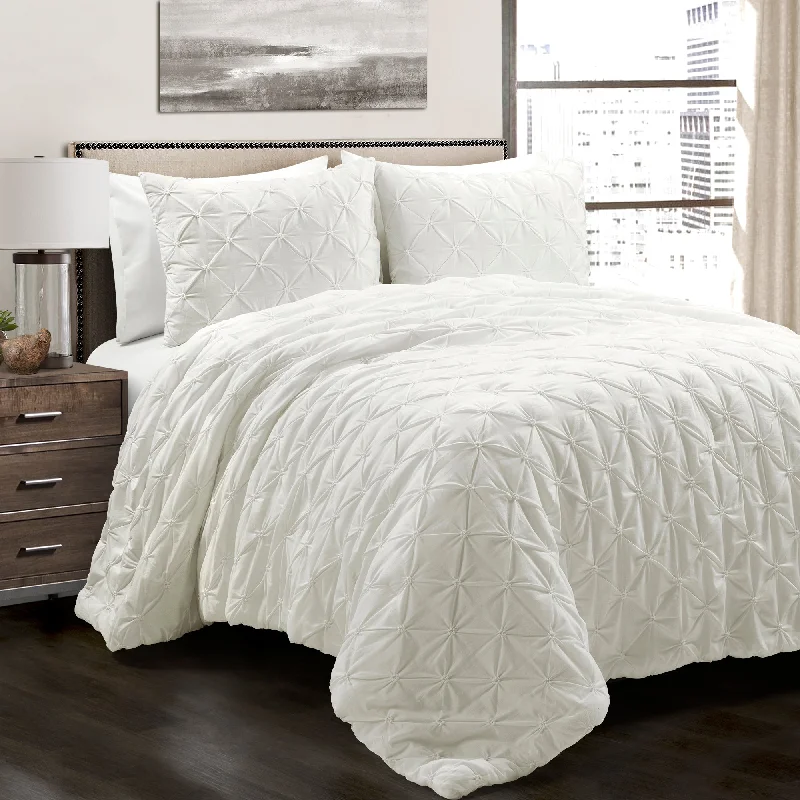 Ravello Pintuck 100% Cotton Comforter White 3Pc Set Full/Queen