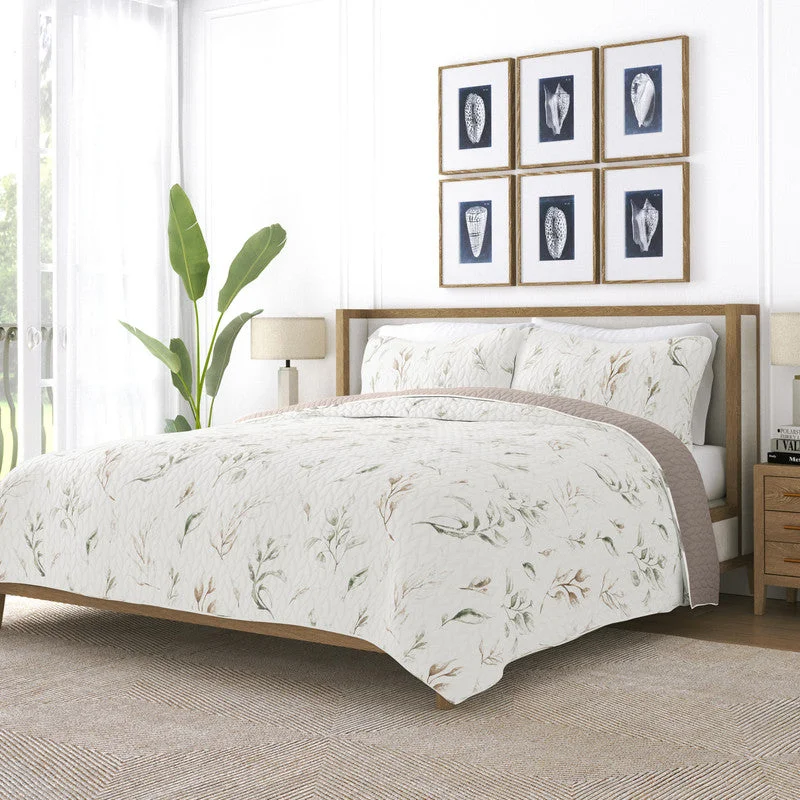 Watercolor Leaves Latte Reversible Pattern Quilt Coverlet Set Ultra Soft Microfiber Bedding