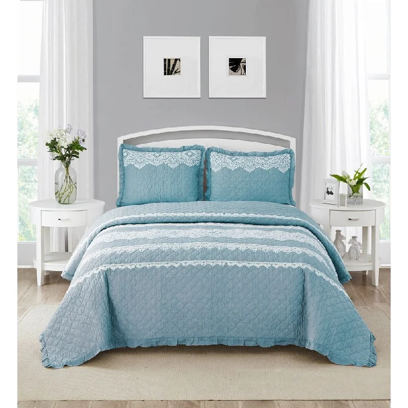 Wonder Home Duran 3PC Cotton Lace Embroidered Quilt Set, Queen, Blue