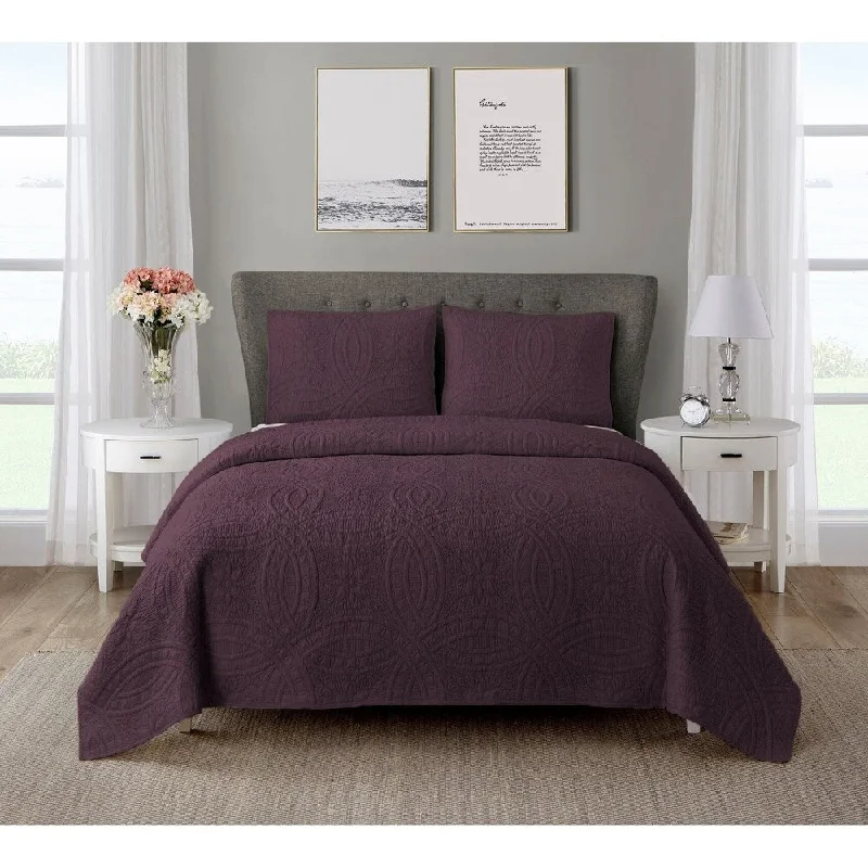 Wonder Home Martha 3PC Cotton Solid Quilt Set, Queen, Purple