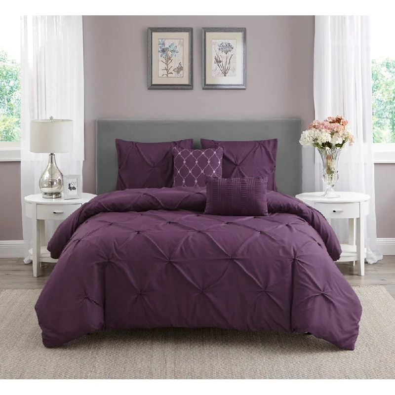 Wonder Home Mona 5PC Pleated Comforter Set, King, Purple